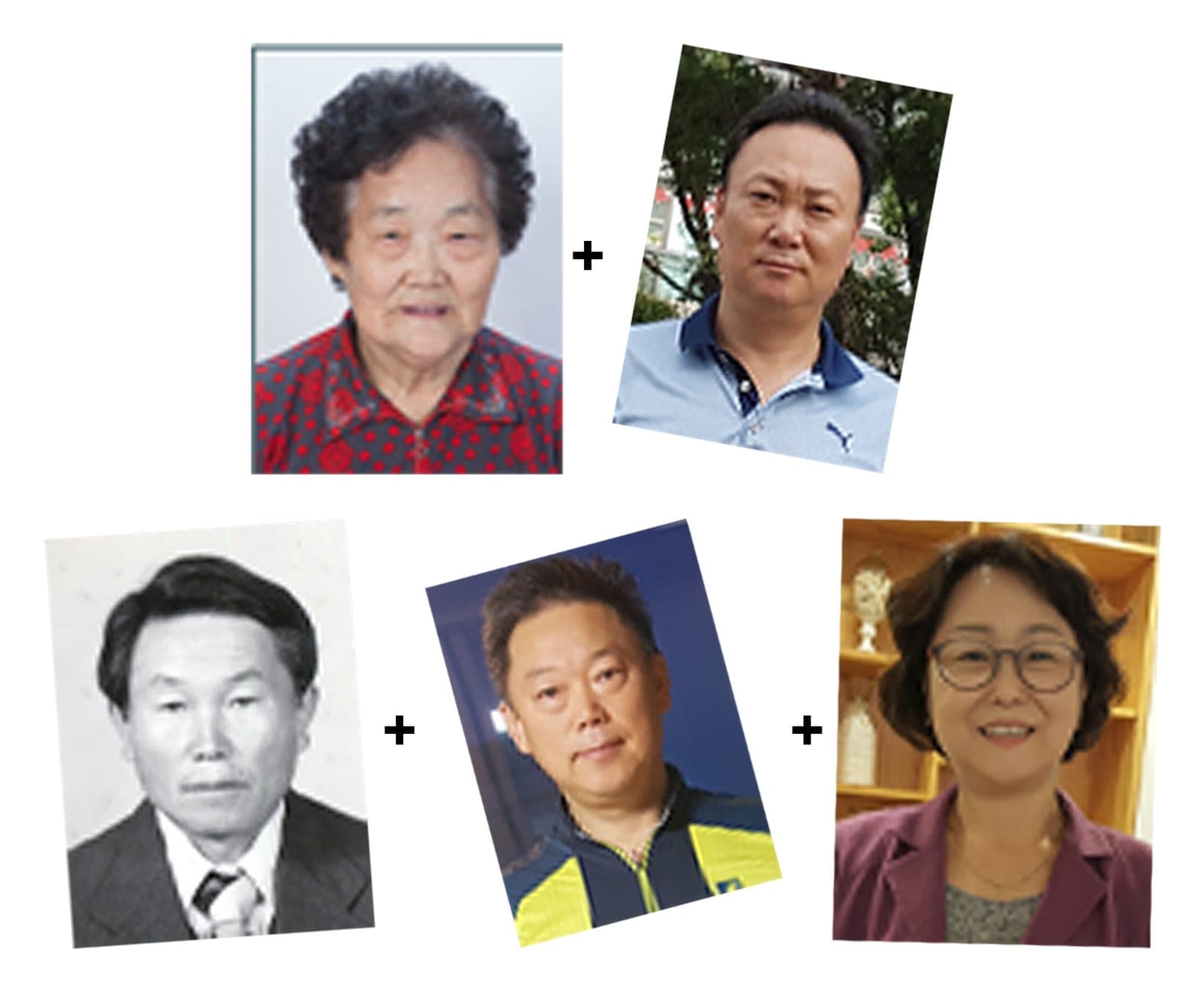 3세대 가족 합성 — 따로 찍힌 다섯 분을 거실 한 장면으로 — before