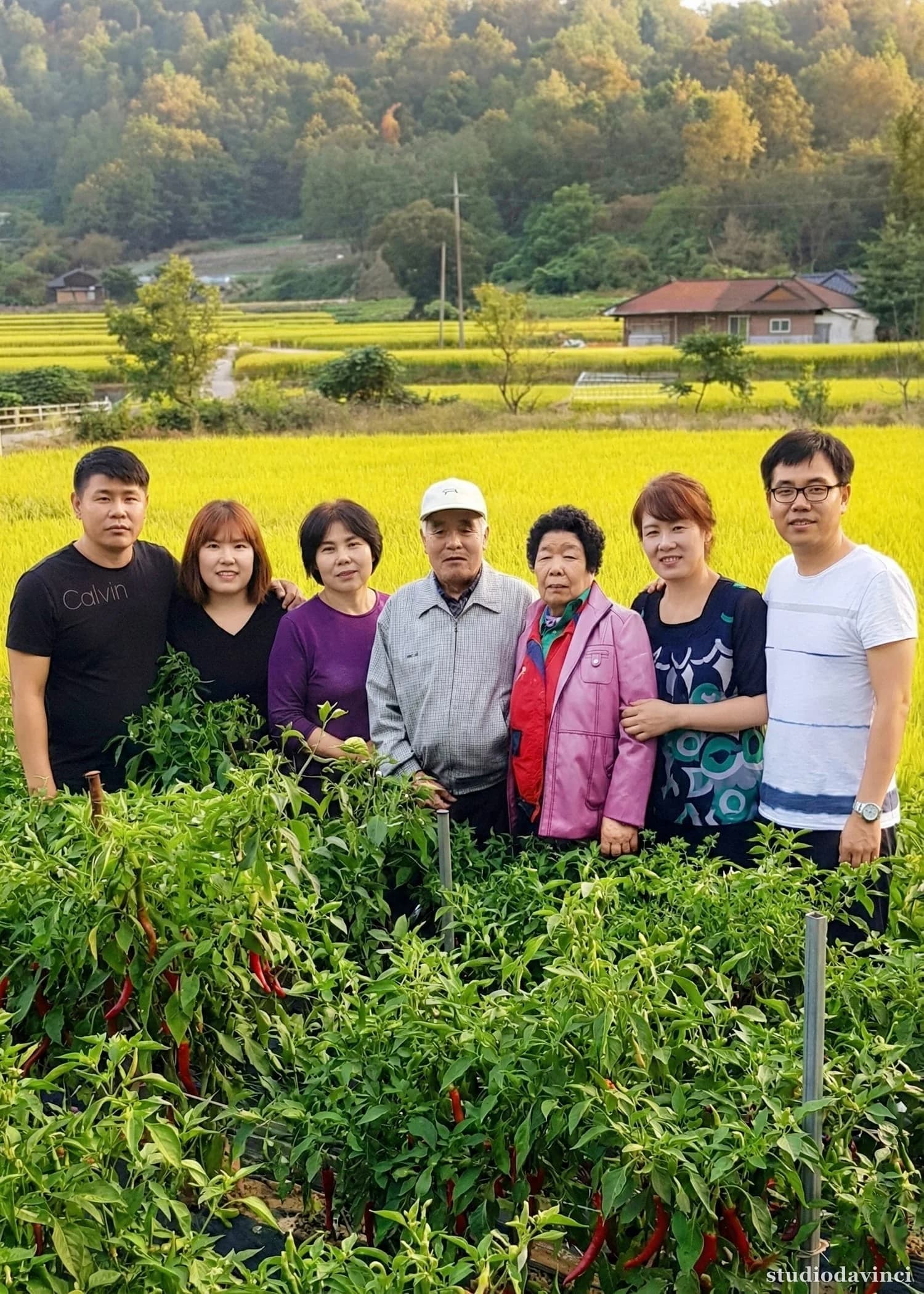 Urn-size family composite — five children and an elderly couple, seven people in the fields, 4R — restored