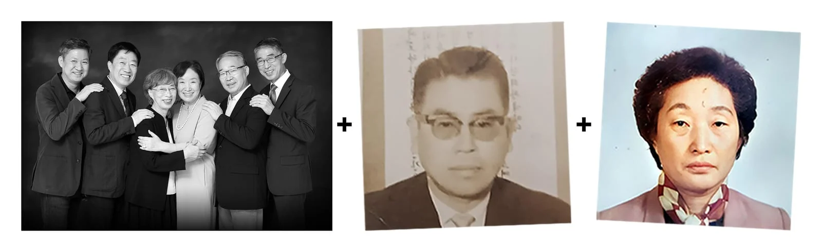 가족 합성 — 자녀 여섯 분과 옛 부모 두 분, 한복+정장 8인 5R 원본