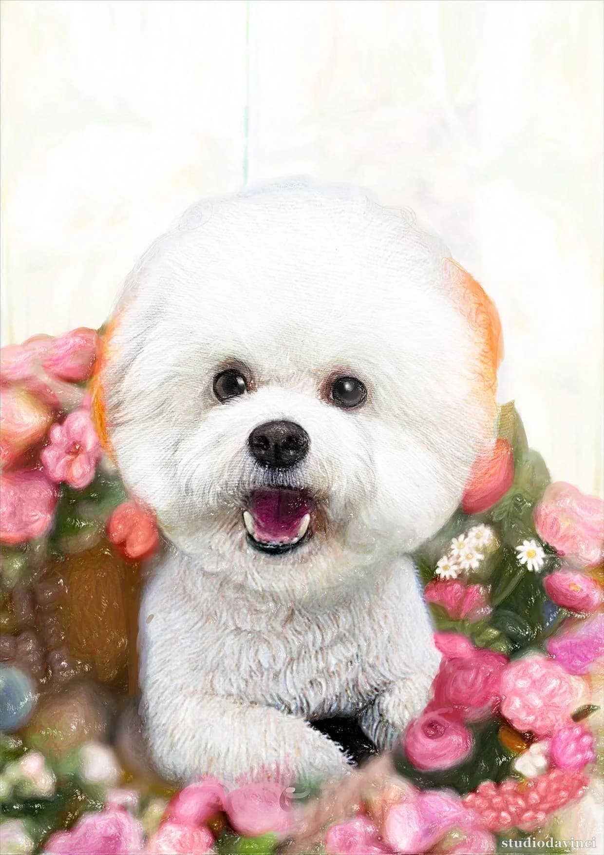 Colored pencil portrait — a Bichon in a pink floral frame — after