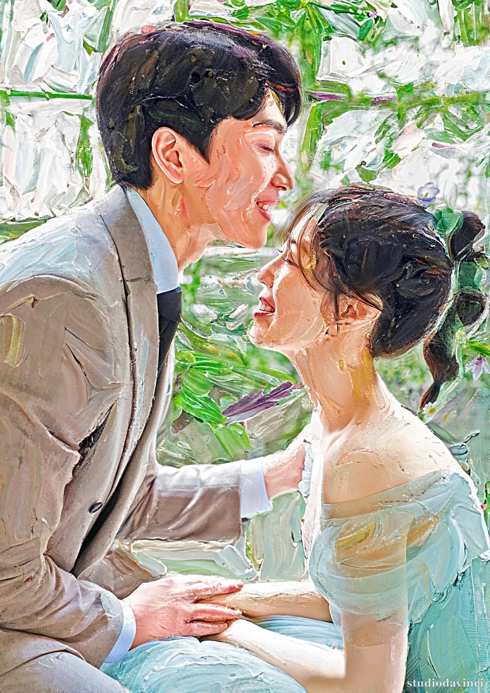 유화풍 초상화 — 결혼사진 마주보는 한 컷을 A3 한 폭으로 수정본