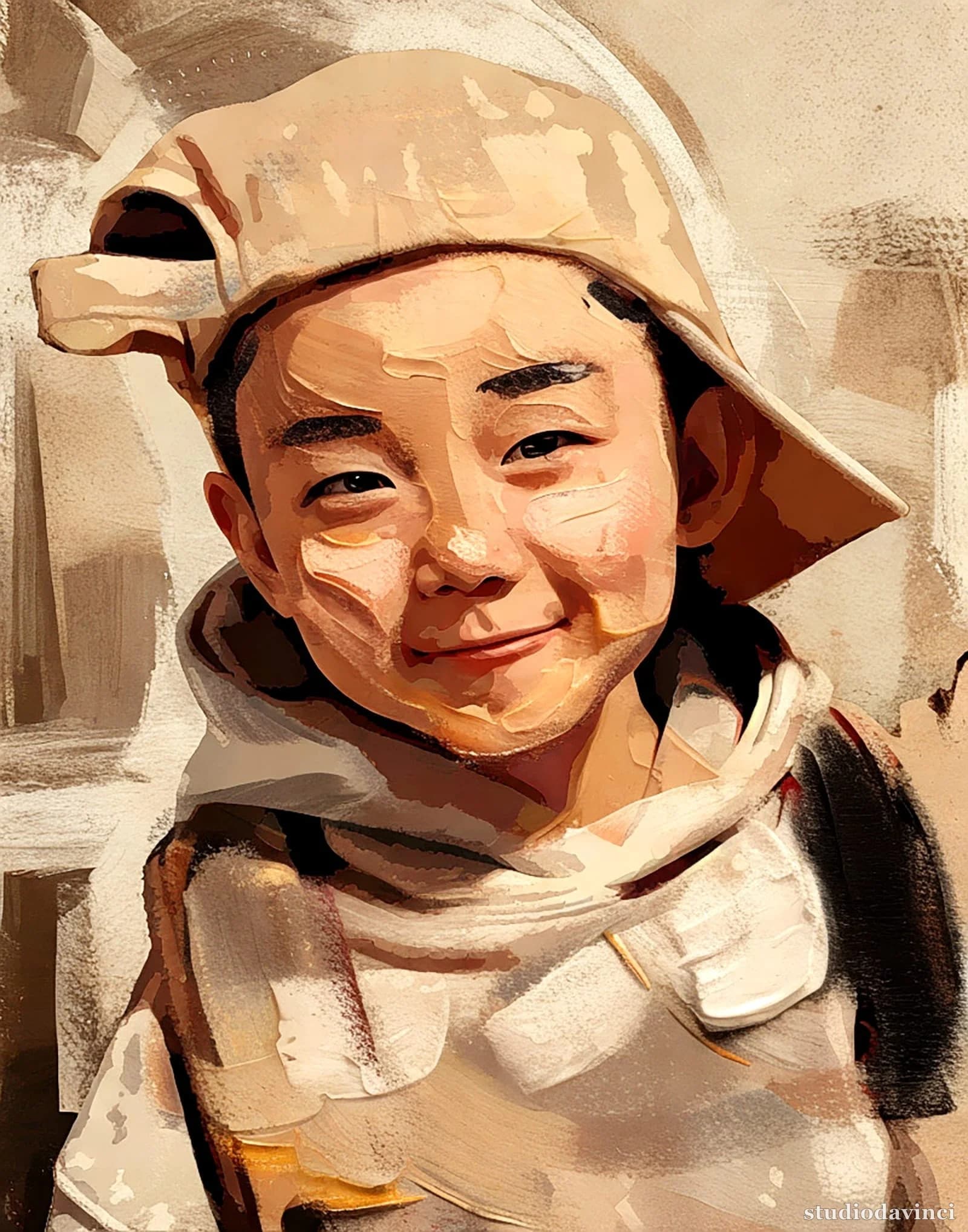 Oil-style portrait (child) — a nighttime phone selfie in warm brown tones — after