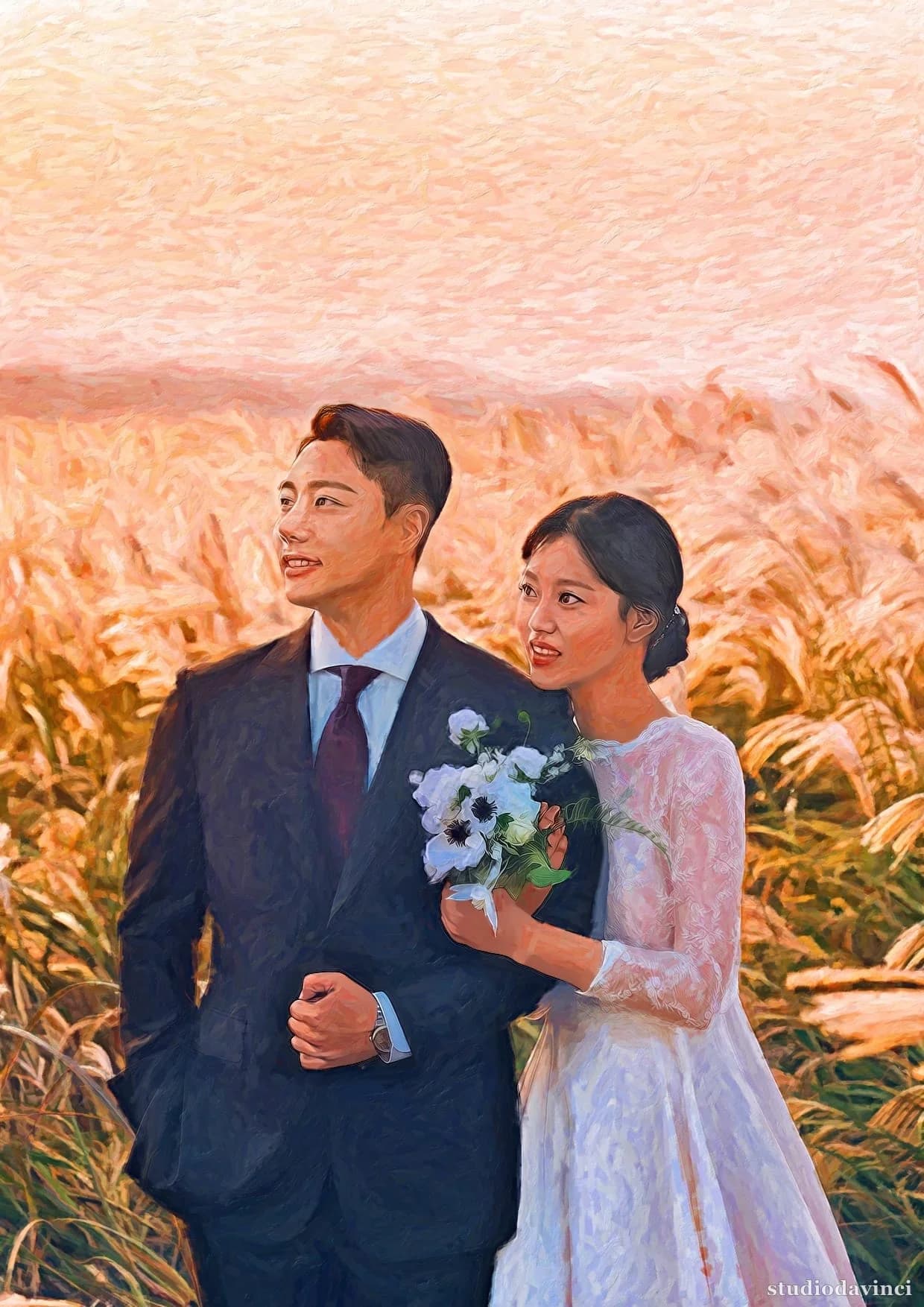 Oil-style portrait (classic) — a sunset reed-field wedding photo in A4 — after