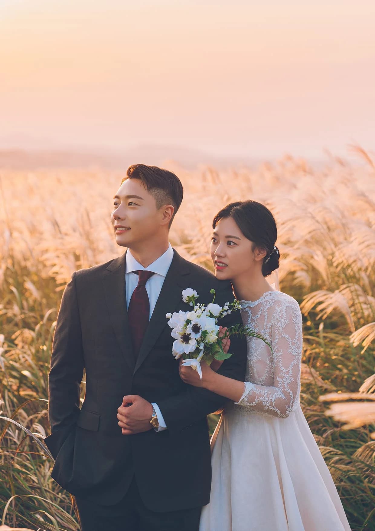 Oil-style portrait (classic) — a sunset reed-field wedding photo in A4 — before