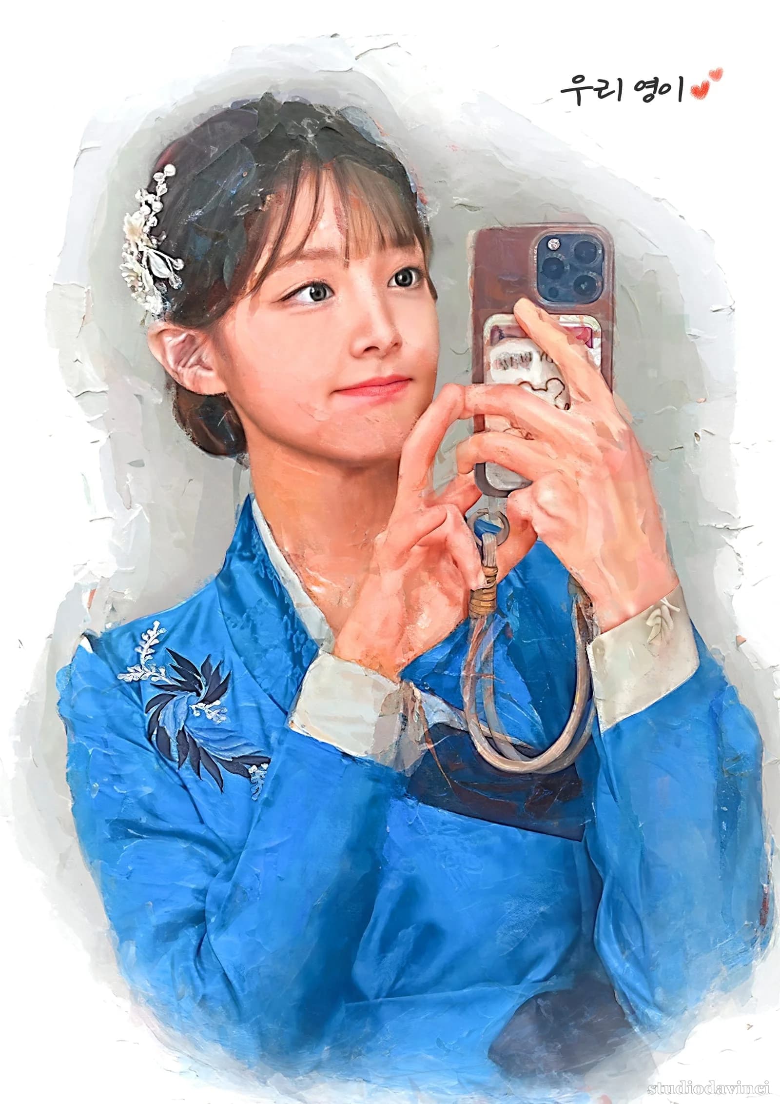 Oil-style portrait — a hanbok selfie as an A4 piece with calligraphy — after