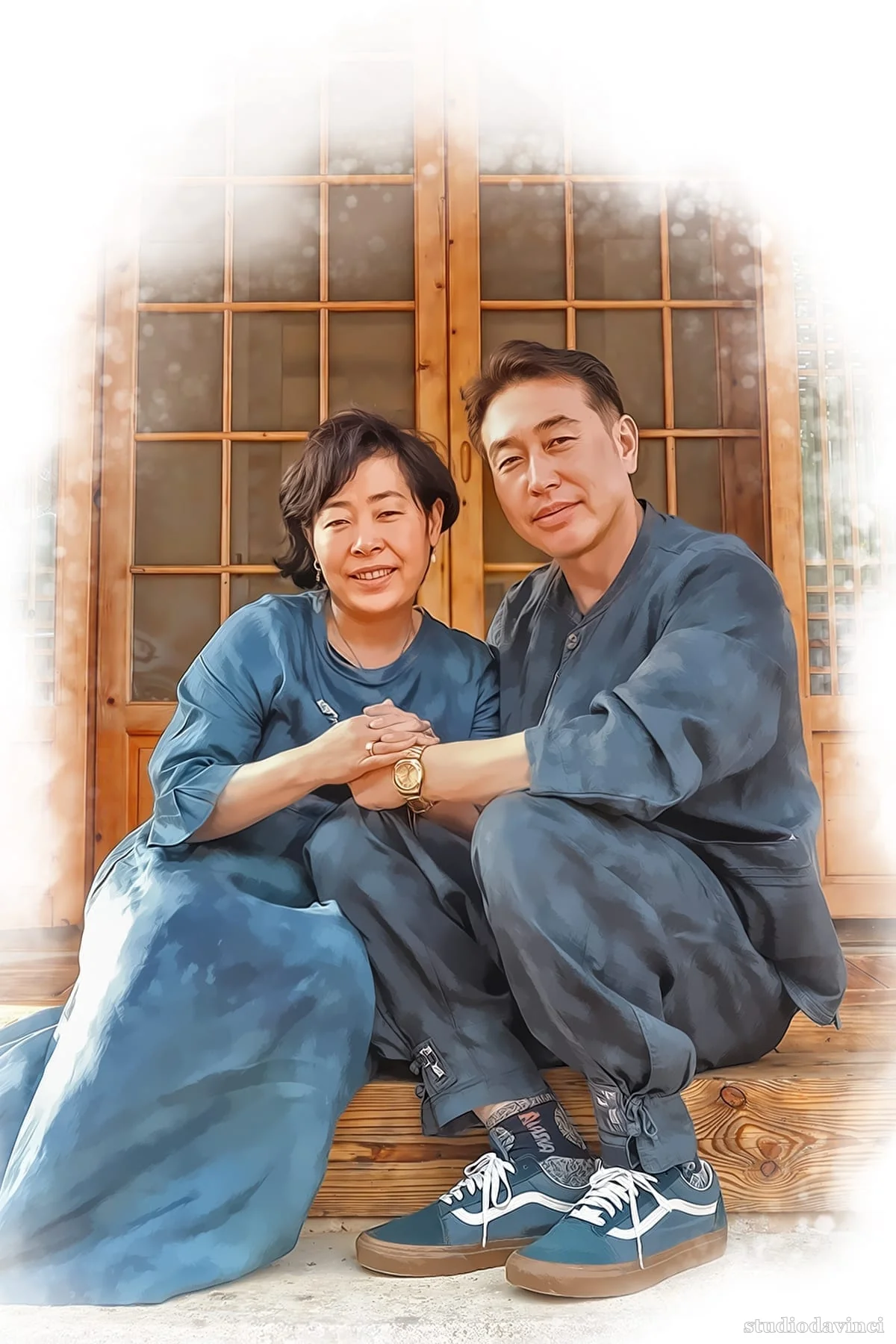 정밀 페인팅 — 한옥 툇마루 부부 사진을 4R 아트지 한 점으로 수정본