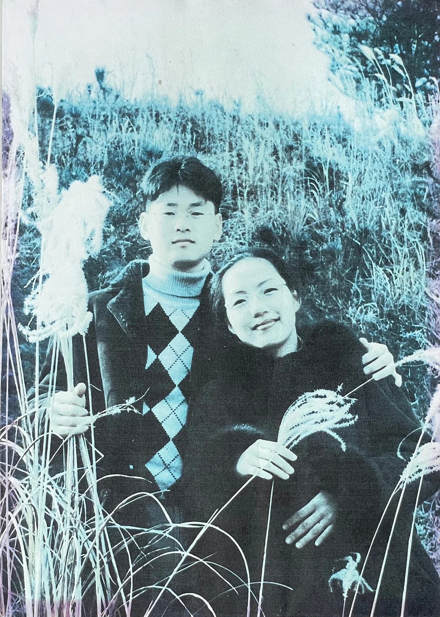 탈색 컬러 사진 복원 — 청록빛으로 변한 가을 갈대밭 부부 사진 — before