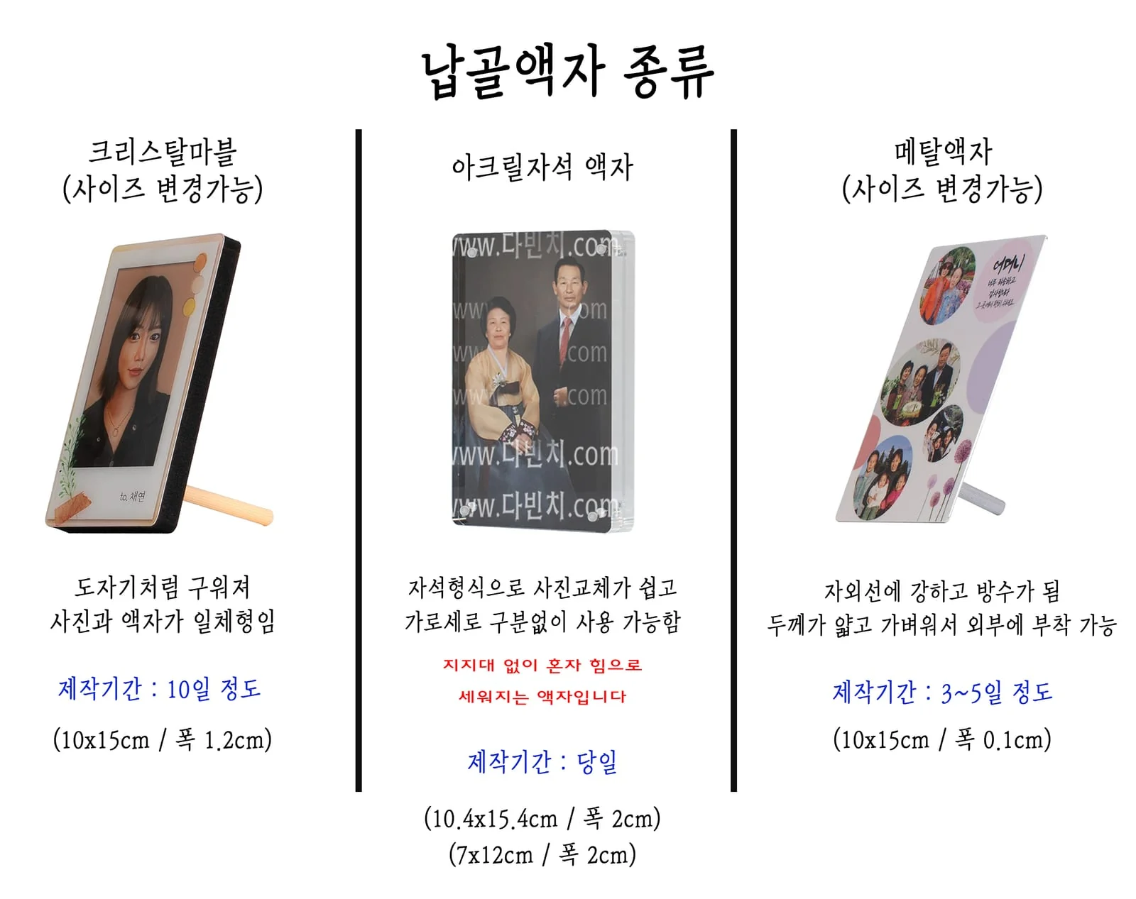납골액자 종류 — 크리스탈마블, 아크릴자석, 메탈 액자 비교