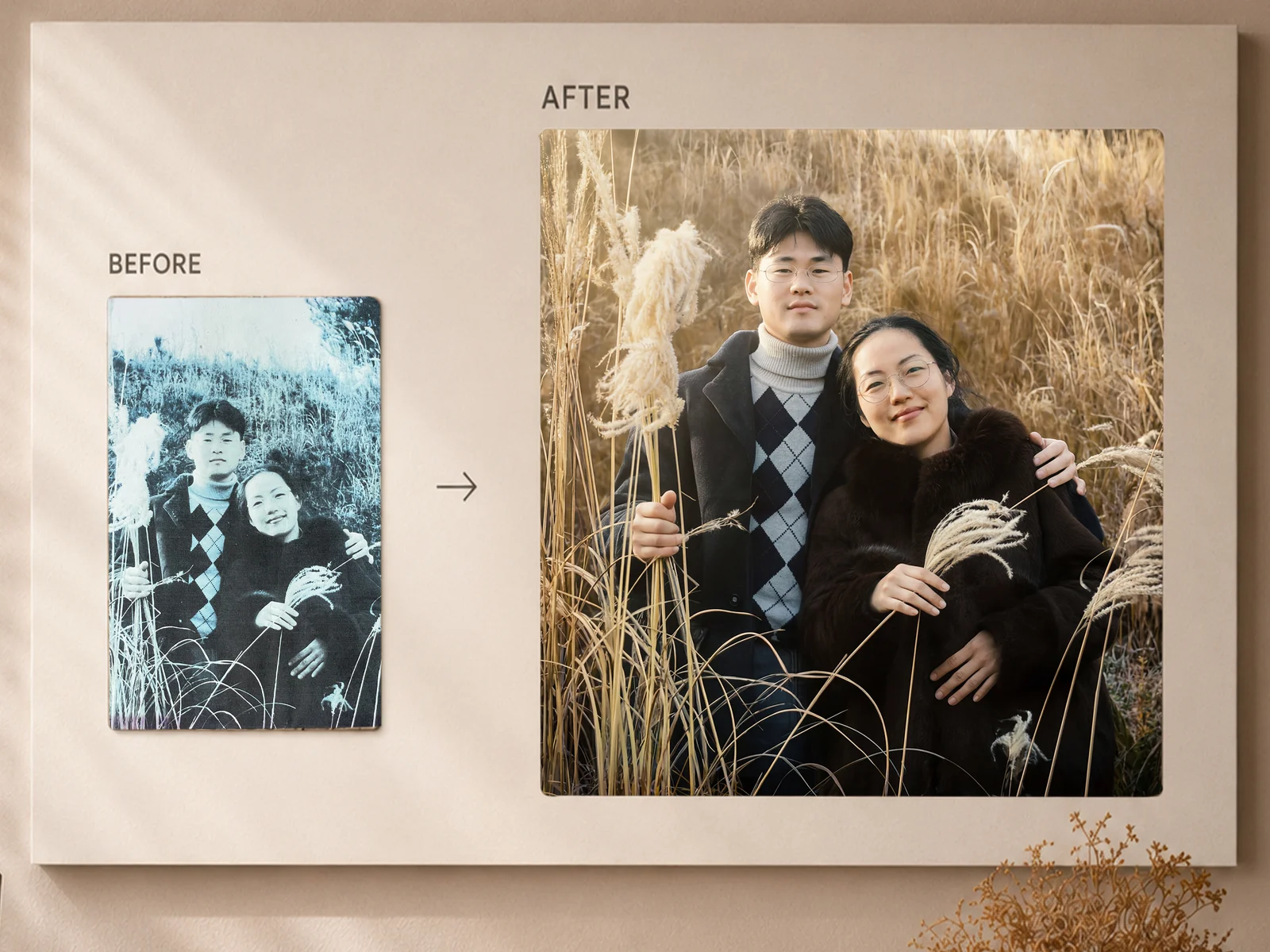 스튜디오 다빈치 — 사진은 낡아도, 추억은 사라지지 않습니다. 빛바랜 흑백 원본과 컬러로 복원된 결과를 나란히 건 벽. 사진복원·영정사진·사진합성, 32년 전통 20,000건 이상.